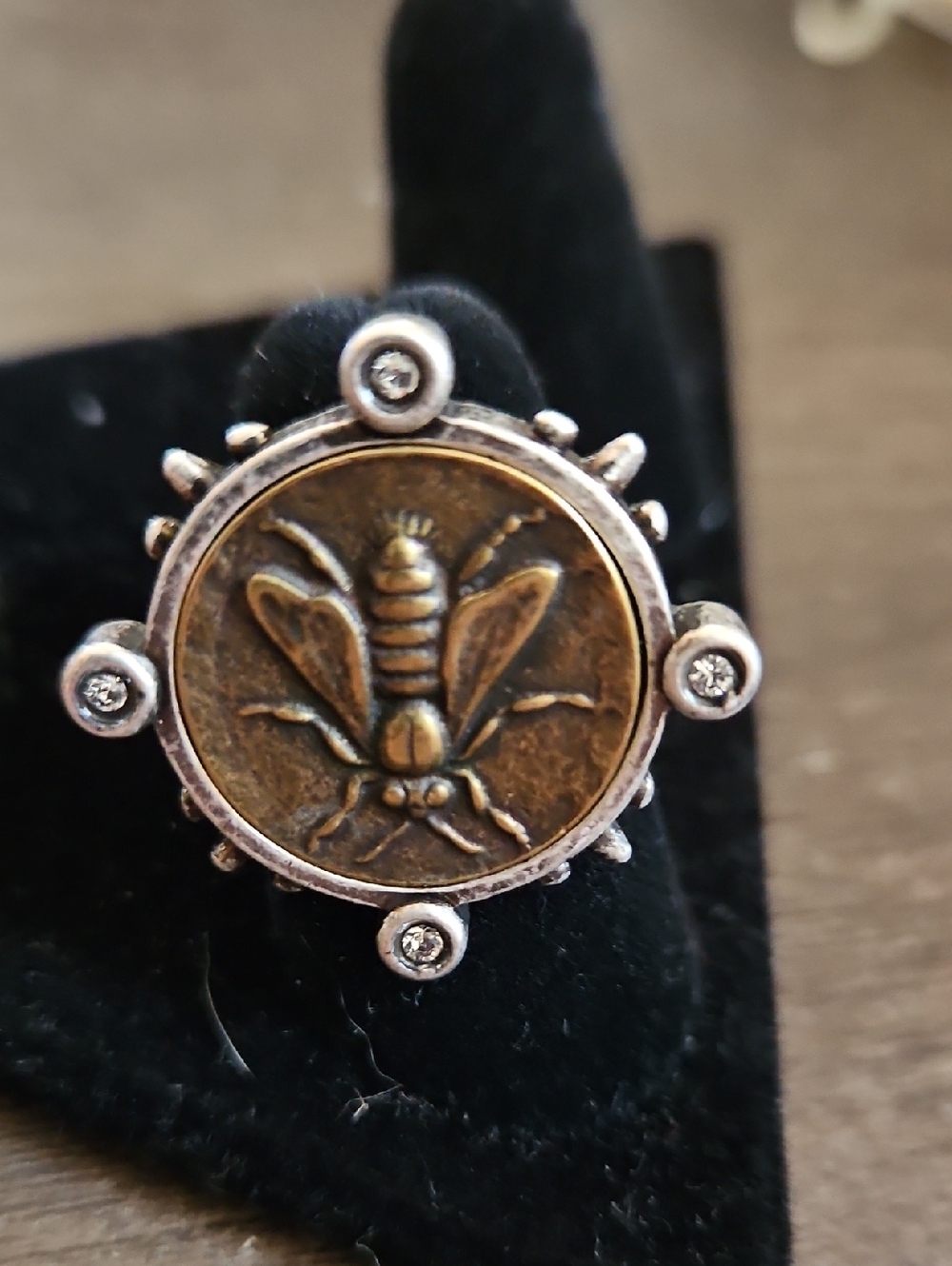 Antique Brass Bee Medallion Ring in Silver-Tone
